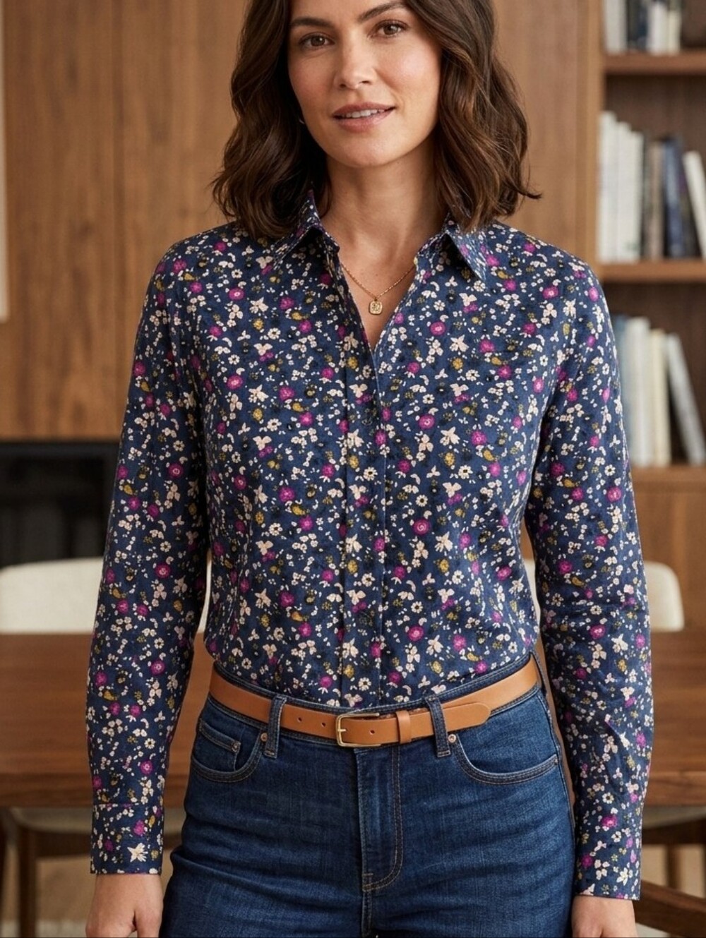 Nordstrom 1901 Long Sleeve Collared Button Up Shirt Navy & Ditsy Floral Print XL